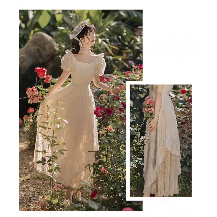 Đầm Cổ Vuông Tay Phồng Thêu Ren Thời Trang Mùa Hè Xinh Xắn Cho Nữ