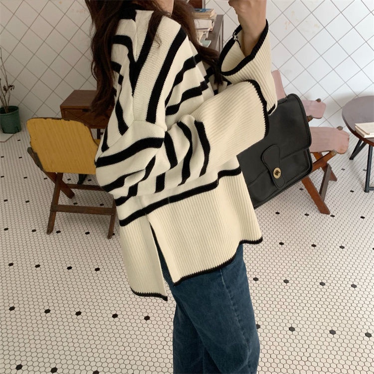 Jiashucheng Áo Sweater Tay Dài Kẻ Sọc Dáng Rộng Xẻ Tà Bên Hông Thời Trang Cho Nữ