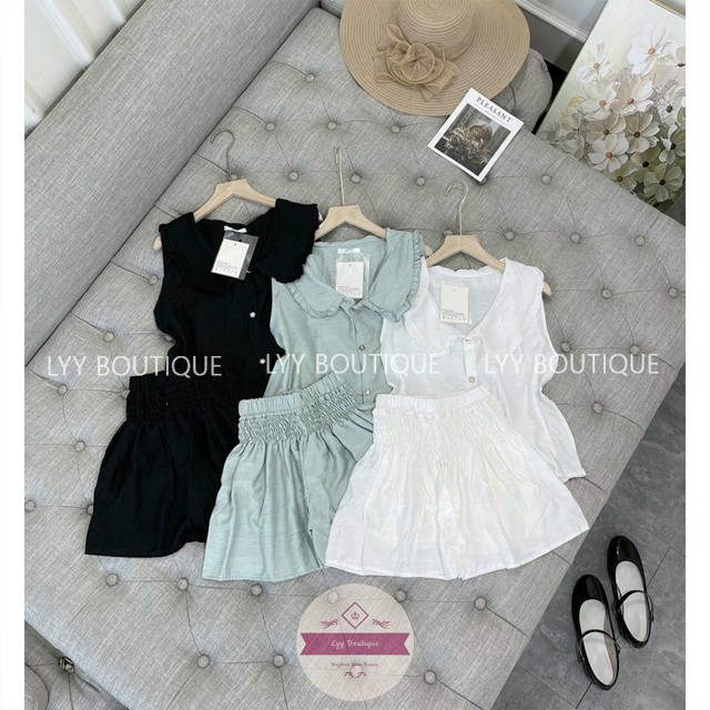 Set Đồ Nữ Quần Giả Váy Mix Áo Sát Nách Khuy Đá Cổ Chữ V Chất Đũi Mát Quảng Châu Lyy Boutique