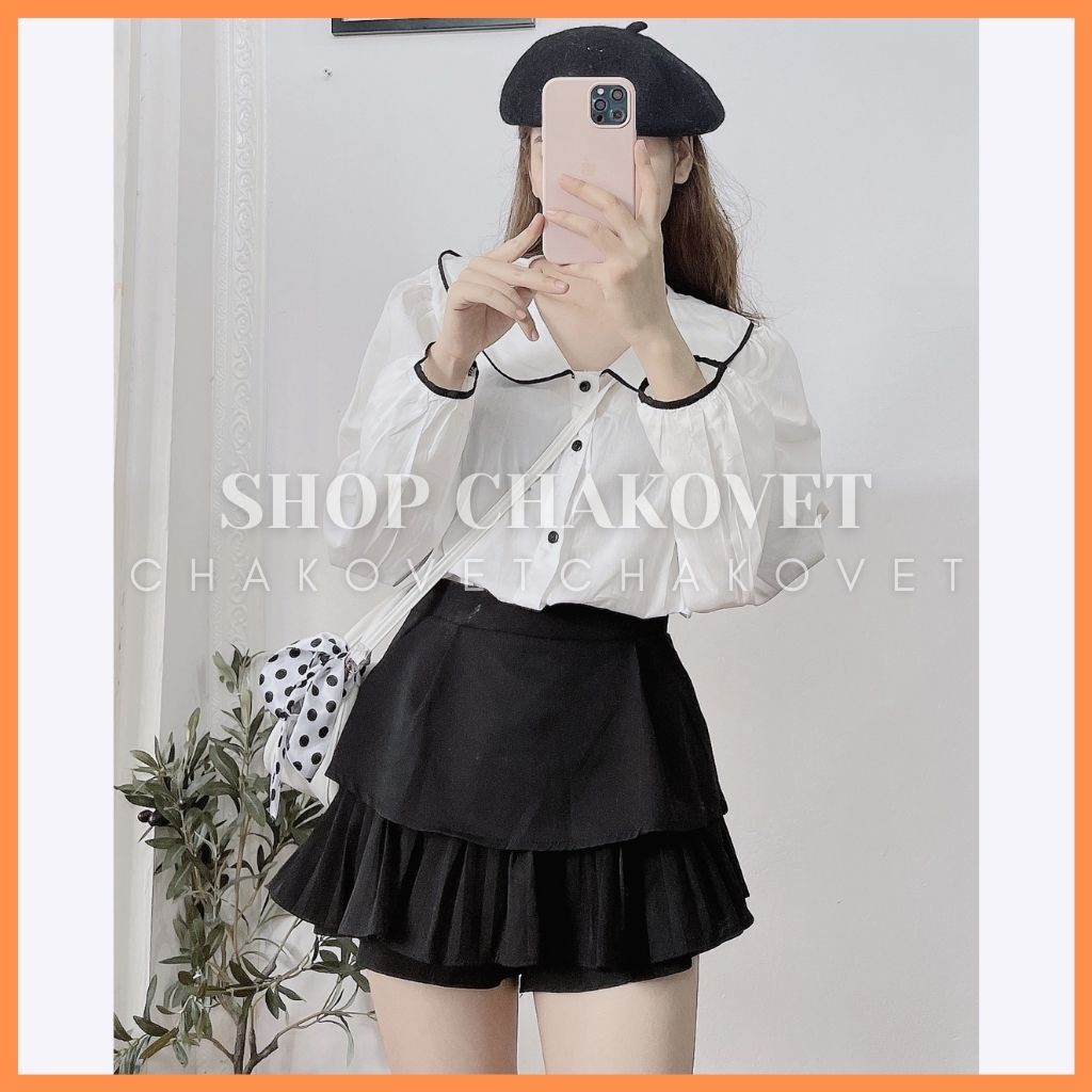 babydoll nữ tay dài CKA887, kiểu sơ Áo mi nữ form rộng cổ bèo cúc đen xếp ly tay bồng style hàn quốc mặc đi làm đi chơi