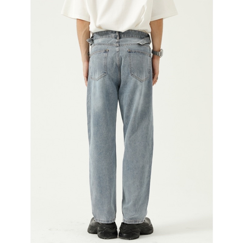 Quần jeans xanh dây thắt sẵn