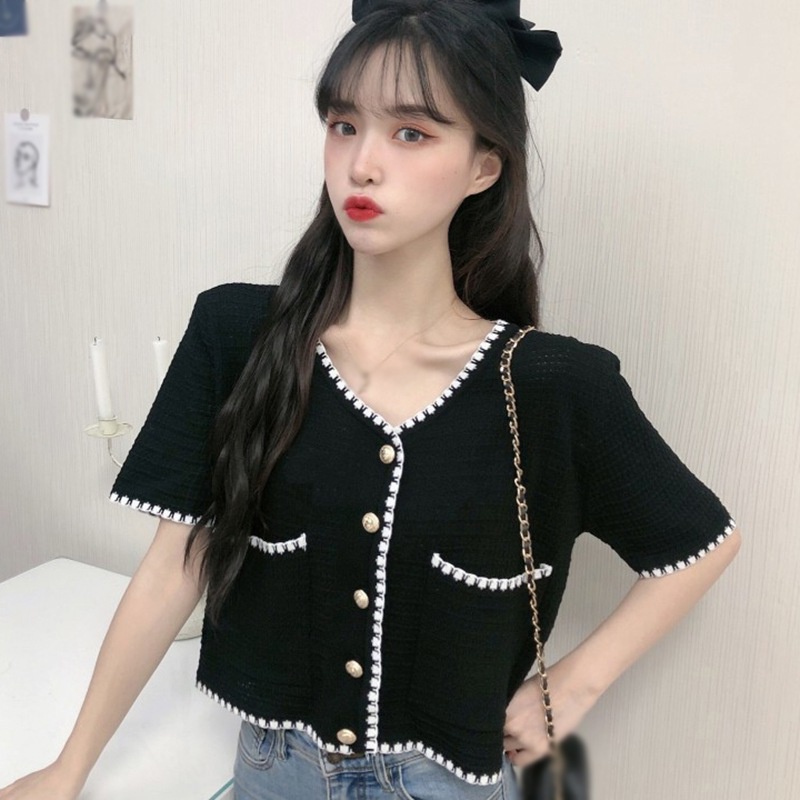 Áo Dệt Kim Mỏng Tay Ngắn Phong Cách Hàn Quốc Dành Cho Nữ