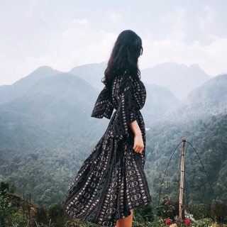 [ẢNH THẬT] Váy boho tặng kèm belt hoạ tiết thổ cẩm xẻ tà chất mát