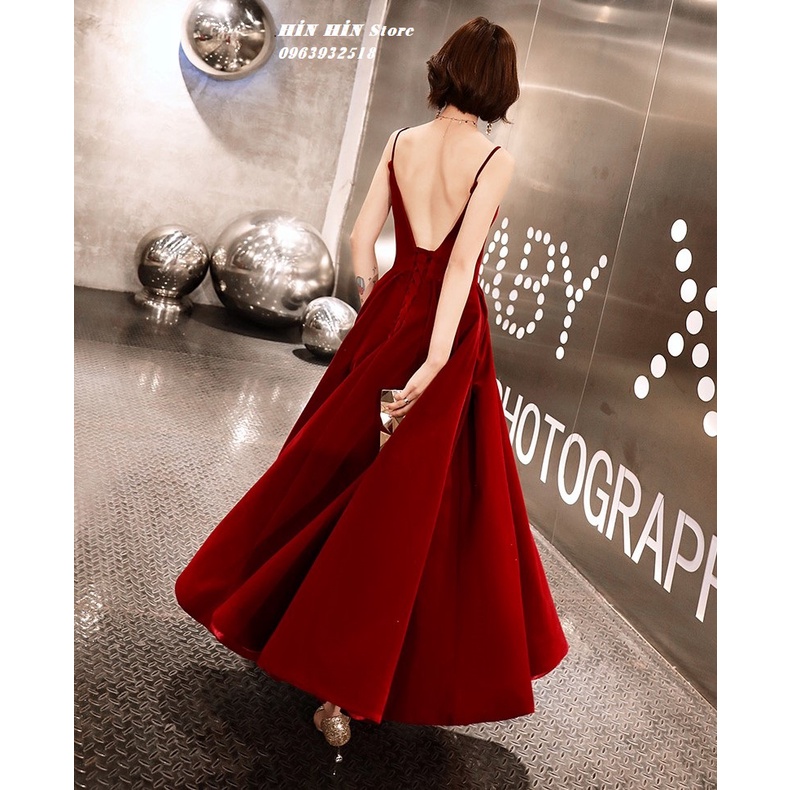 Đầm nhung dạ hội cao cấp hai dây hở lưng màu đỏ H98 Hỉn Hỉn Store