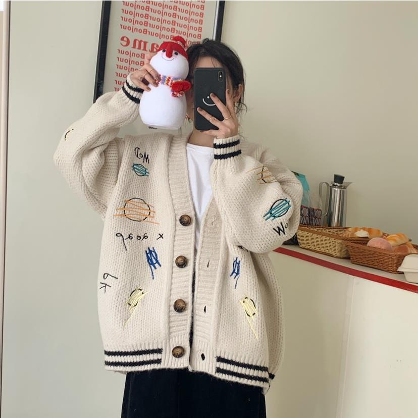 Áo Khoác Cardigan Dệt Kim Dáng Rộng In Họa Tiết Phong Cách Hàn Quốc Thời Trang Cho Nữ