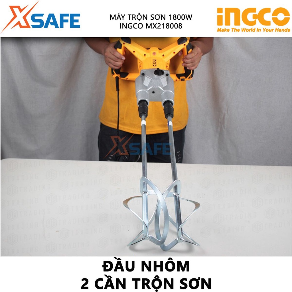 Máy trộn sơn INGCO MX218008 1800W tốc độ không tải 180-480rpm/250-650rpm, đầu nhôm, kèm 2 cần trộn