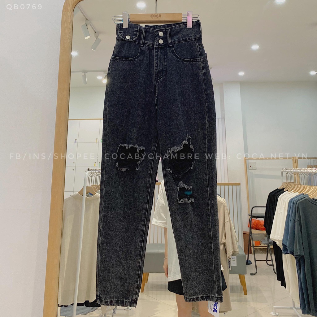 [QB0769] Quần jeans Baggy cạp cao 2 cúc rách gối mã 769 (Có sẵn/Ảnh thật)