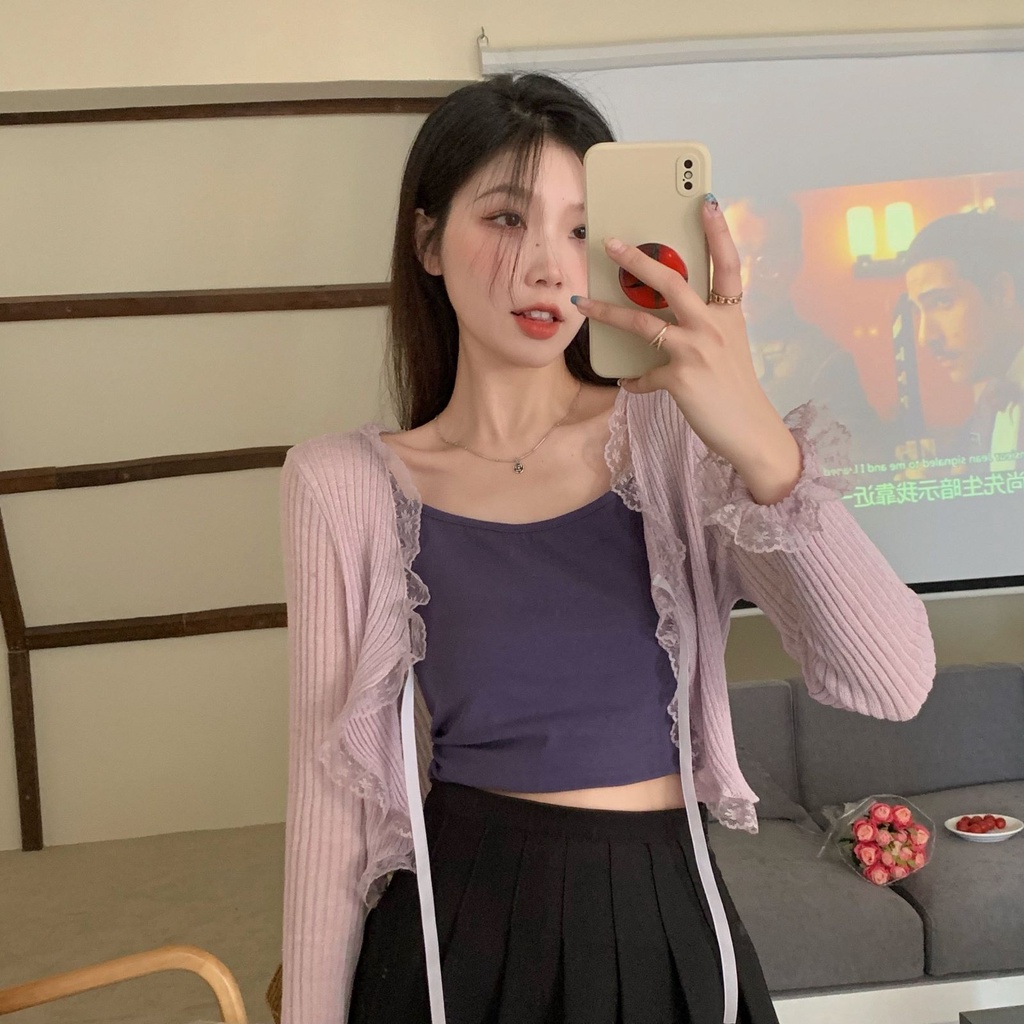 Áo khoác cardigan ZHELIHANGFEI dệt kim tay dài chống nắng cột dây thời trang trẻ trung