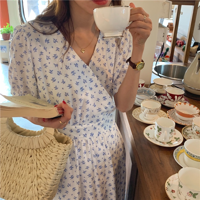 Đầm maxi nữ SUXI tay ngắn cổ chữ V in hoa phong cách Hàn Quốc