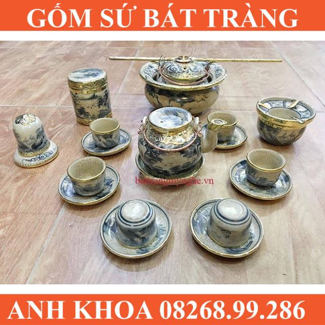 Bộ ấm chén bọc đồng men rạn dáng nắp lõm - Gốm sứ Bát Tràng Anh Khoa