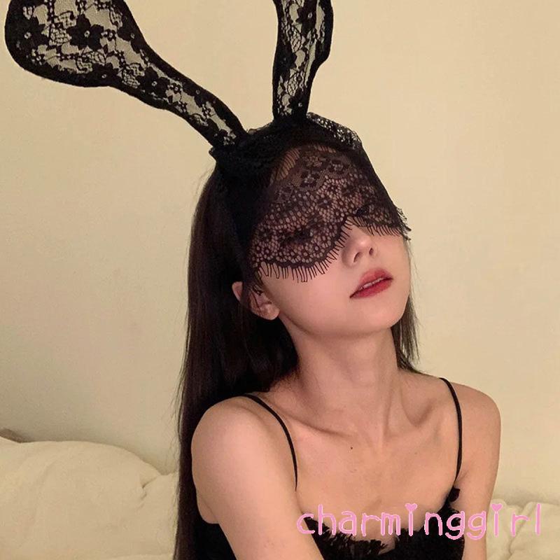 Cài Tóc Tai Thỏ Kèm Mạng Che Mặt Phối Ren Hóa Trang Halloween Quyến Rũ