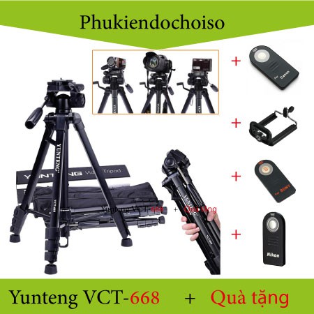 Chân Yunteng 668 + Kẹp Điện thoại Hoặc Remote Máy ảnh Canon/ Nikon/ Sony