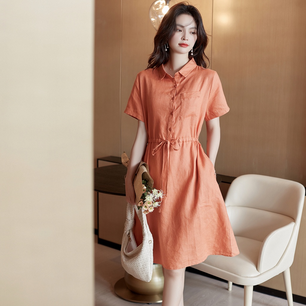 Đầm Sơ Mi Nữ Cổ Bẻ Ngắn Tay Dáng Xòe Ulzzang Hàn Quốc, Váy Sơ Mi Form Suông Kèm Dây Eo