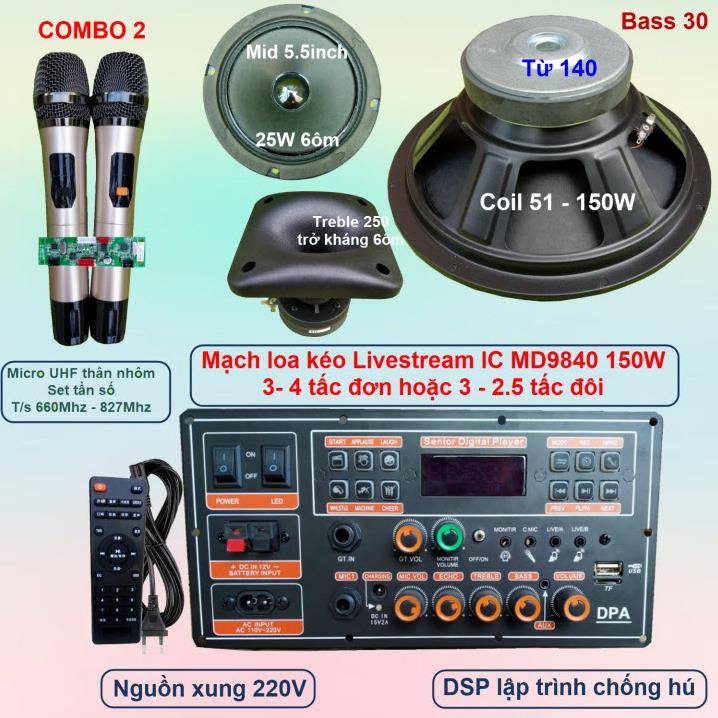 Mạch loa kéo 3 tấc đơn 3 đường tiếng LIVESTREAM DSP lập trình chống hú IC MD9840 150W có nguồn xung