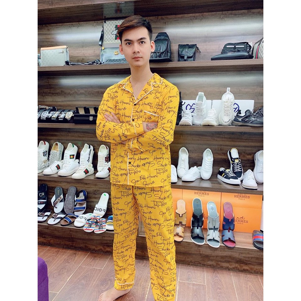 Bộ Đồ Ngủ Pijama Dài Tay Chất Lụa Họa Tiết Chữ Ký Cực Đẹp