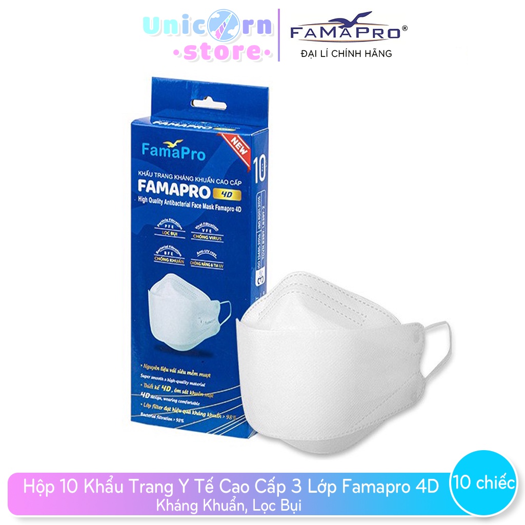 Hộp 10 Khẩu Trang Y Tế Cao Cấp Kháng Khuẩn 3 Lớp Famapro 4D