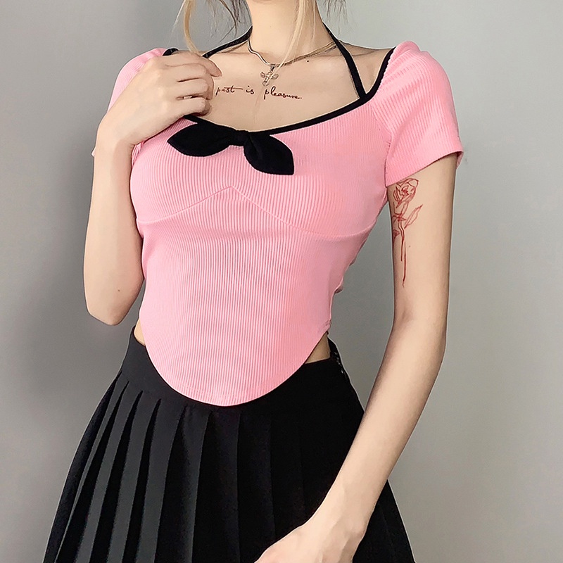 Áo Thun Ngắn Tay Cổ Chữ U Thắt Nơ Xinh Xắn Thời Trang Cho Nữ