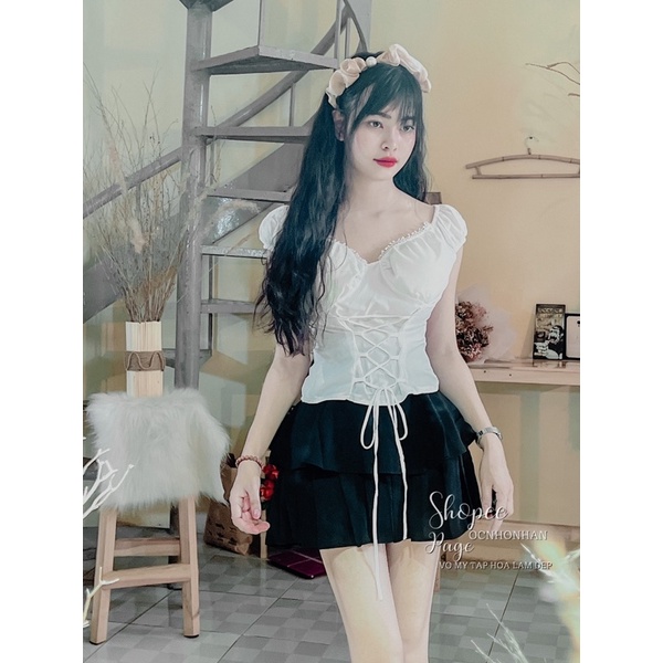 Set áo đan dây phối chân váy tầng