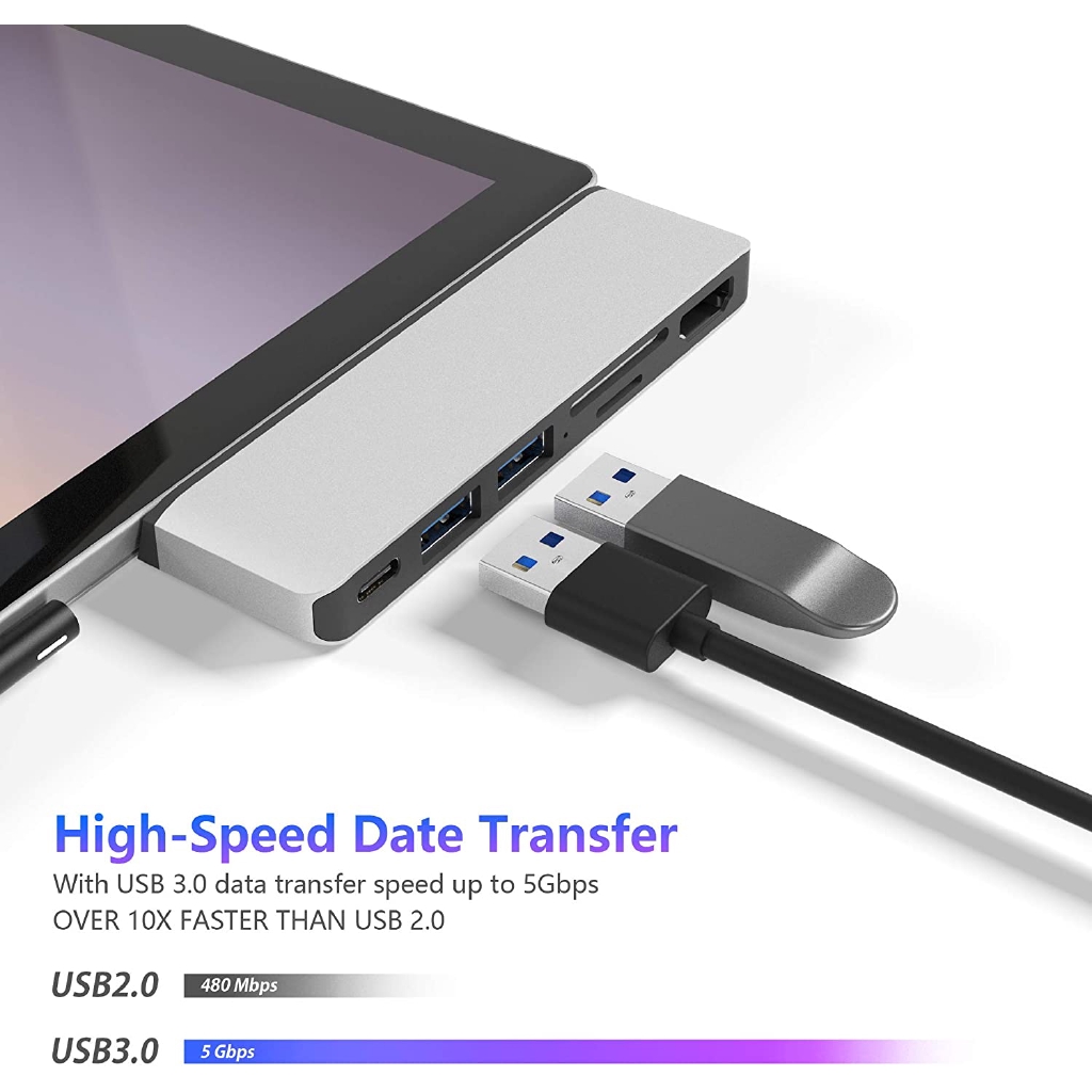 Surface Pro 7 Dock USB C Hub, Đế nhôm 6 trong 2 Microsoft Surface Pro 7 với Bộ chuyển đổi HDMI 4K + Cổng truyền dữ liệu &amp; âm thanh USB C + 2 USB 3.0 + Đầu đọc thẻ SD / TF, Bộ chuyển đổi