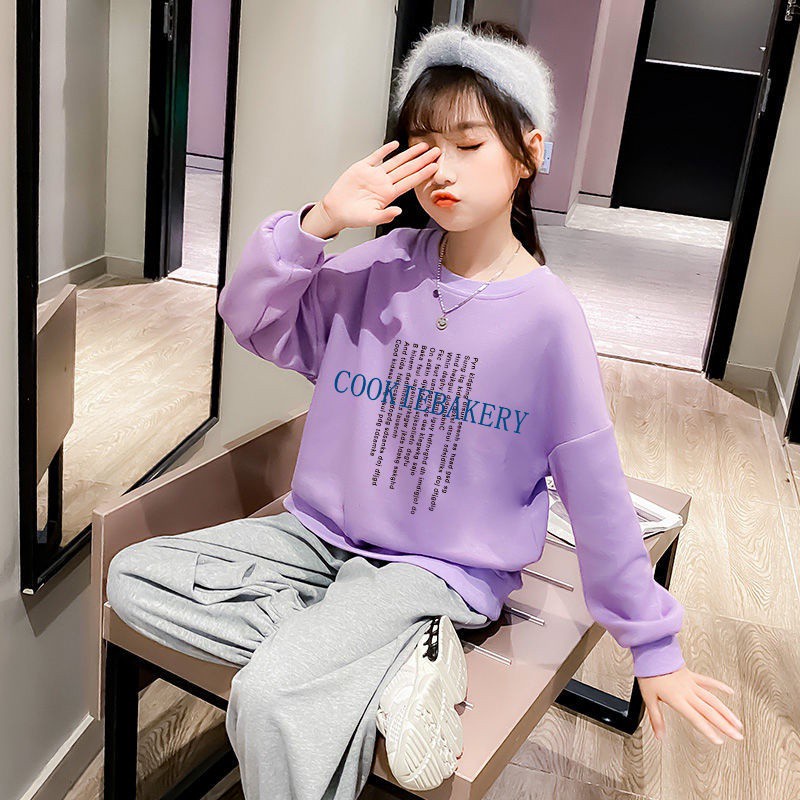 Bộ Đồ 2 Món Áo Thun Cotton Tay Dài Cổ Tròn + Quần Dài Thời Trang Cho Bé Gái 2-13 Tuổi