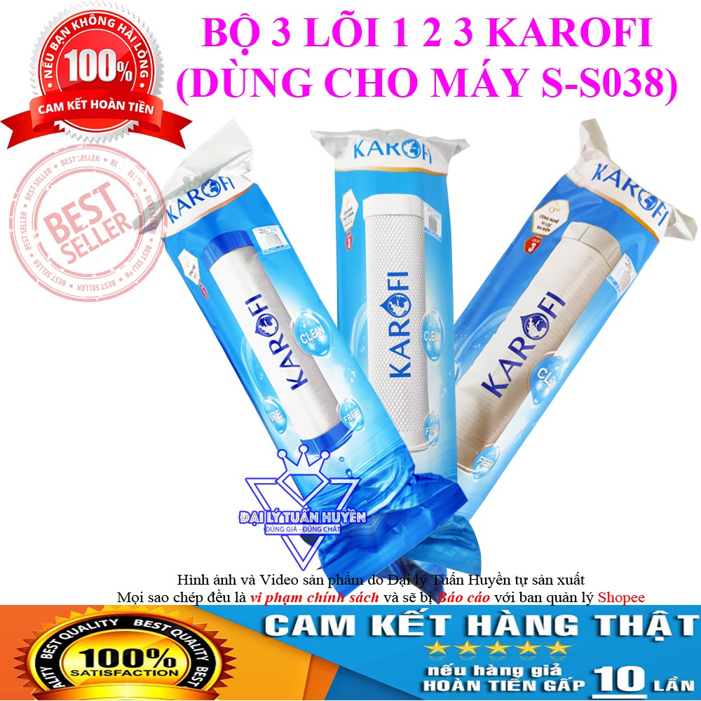 Bộ 3 Lõi lọc nước Karofi 1,2,3 chính hãng, dùng cho máy S-S038