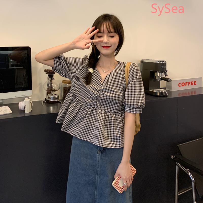 Áo kiểu tay phồng cổ chữ V phong cách Pháp thời trang thanh lịch cho nữ