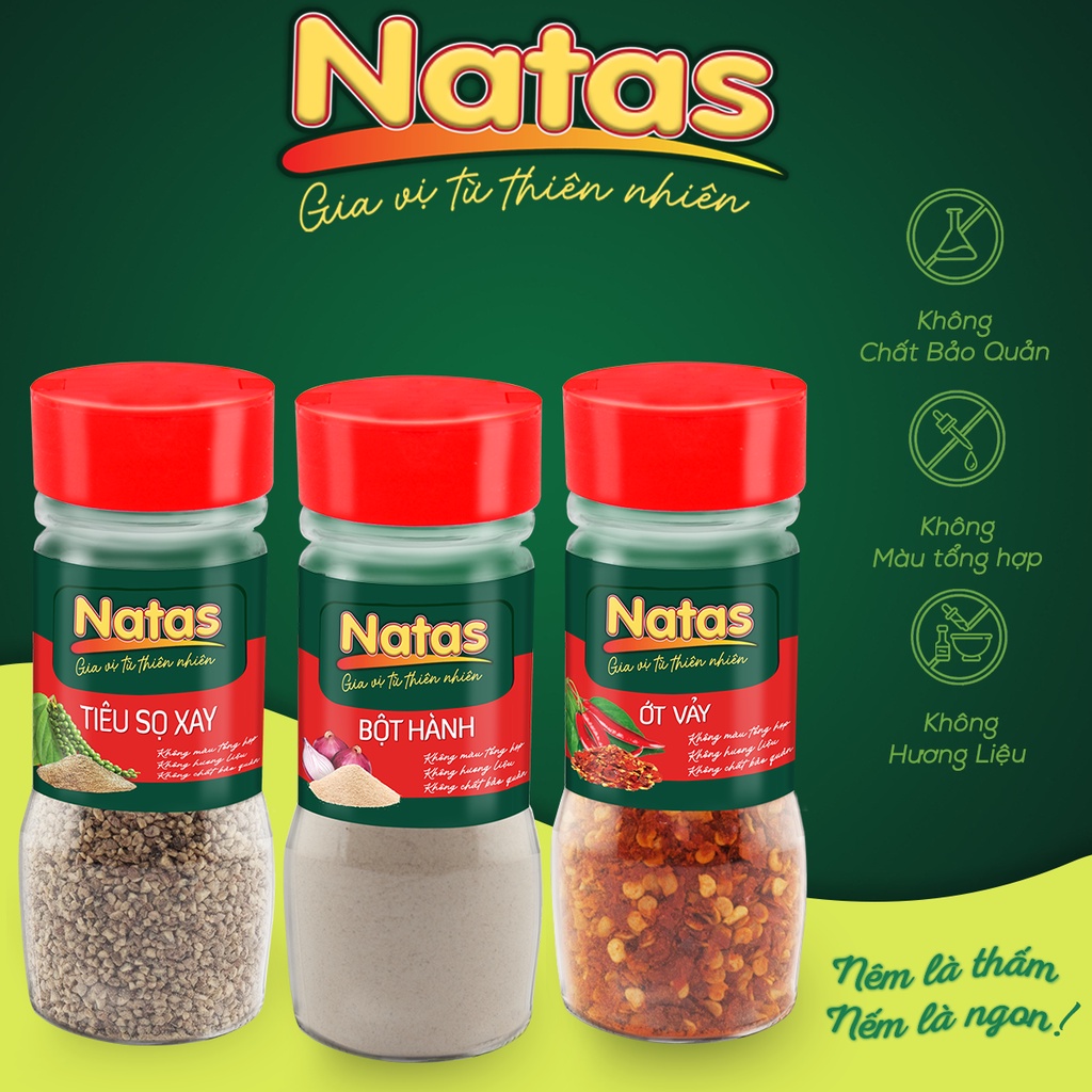 Combo gia vị ướp Natas phong cách Châu Á: Bột tỏi hũ 65g + Bột ớt hũ 45g + Bột Nghệ hũ 40g