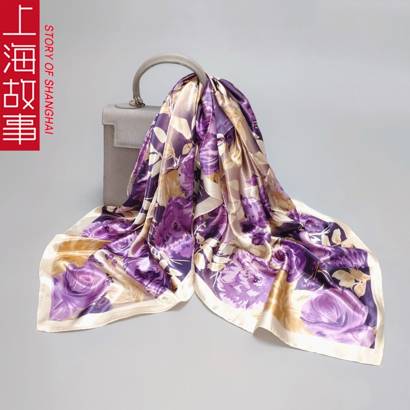 Khăn vuông lớn câu chuyện Thượng Hải Khăn lụa nữ mùa thu và mùa đông mới khăn sa tanh đa năng khăn vuông 90x90cm