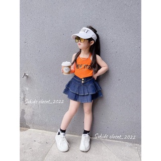Q22665-set newyork áo 2dây đan chéo + chân váy bò cho bé 20-33kg