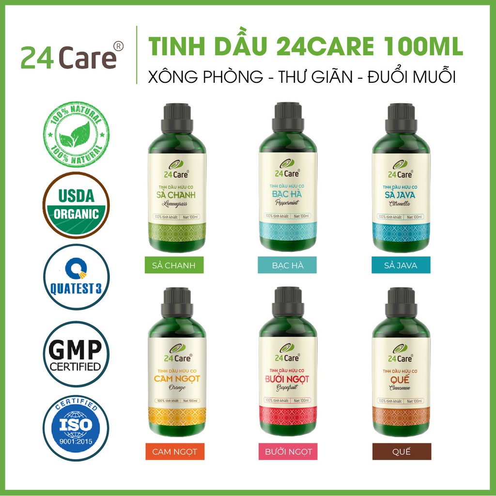 Tinh dầu 24Care nguyên chất 100ml - xông thơm phòng, khử mùi, xua đuổi côn trùng