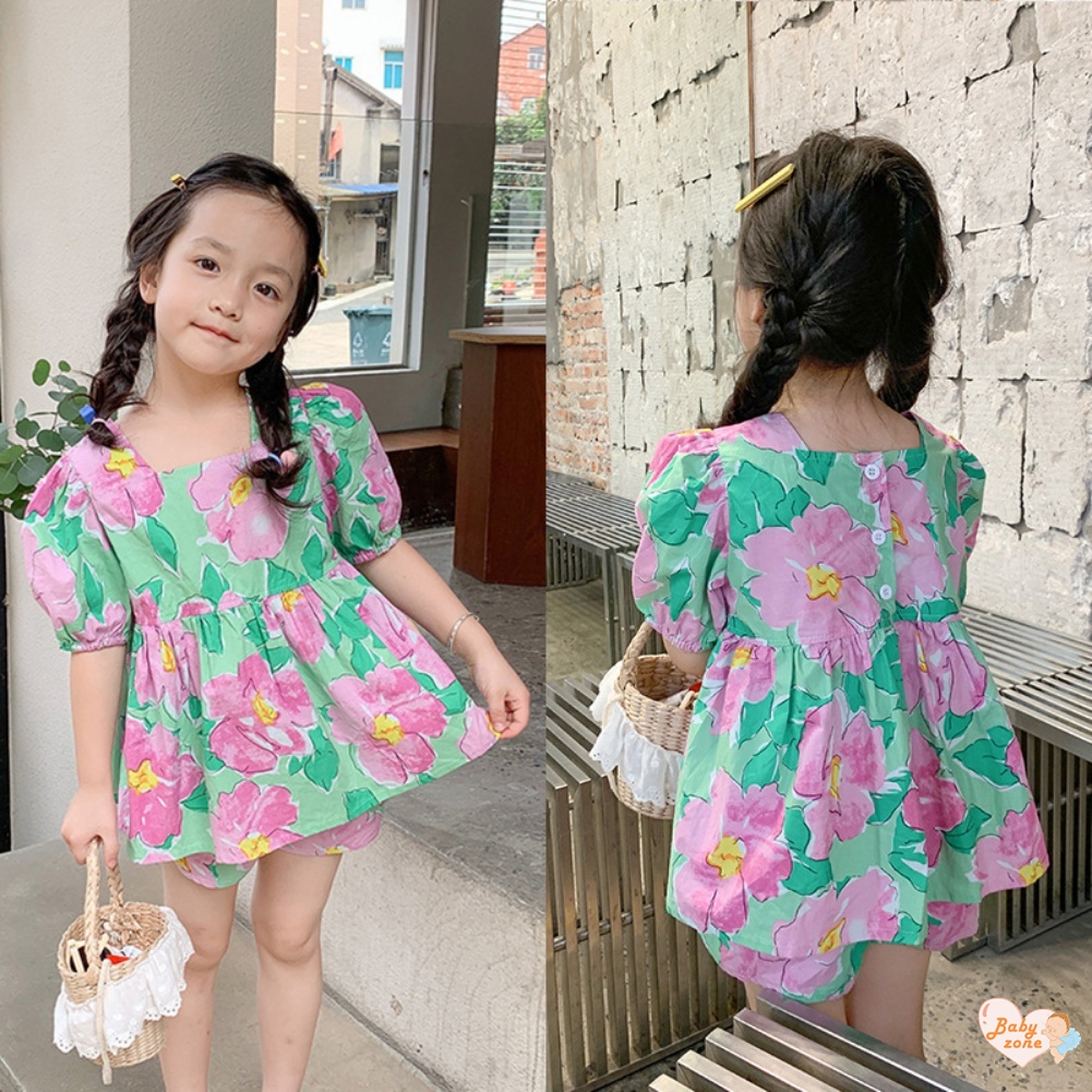 Set Áo Thun Ngắn Tay In Hoa + Quần Short Phong Cách Hàn Quốc Cho Bé Gái