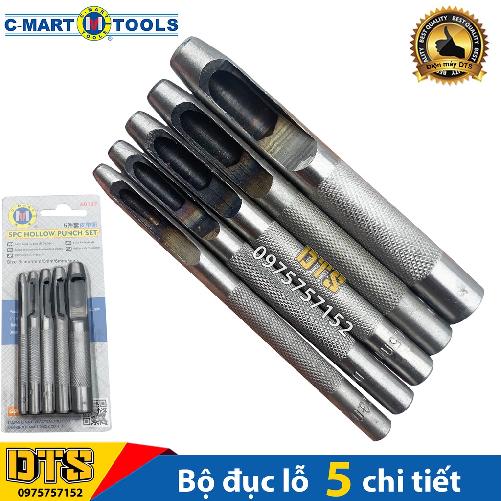 Bộ đục lỗ chuyên dụng C-MART, đục rãnh 5 cây đục lỗ tròn trên da, đột lỗ thắt lưng, vải, ron cao su đột lỗ gioăng cao su