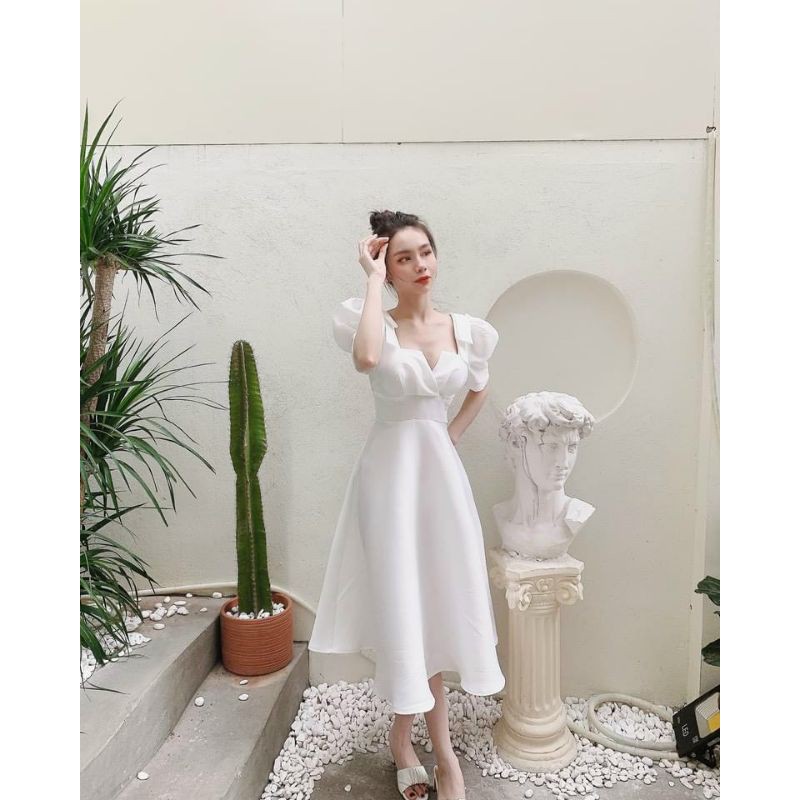 Đầm midi trắng nơ vai tay búp