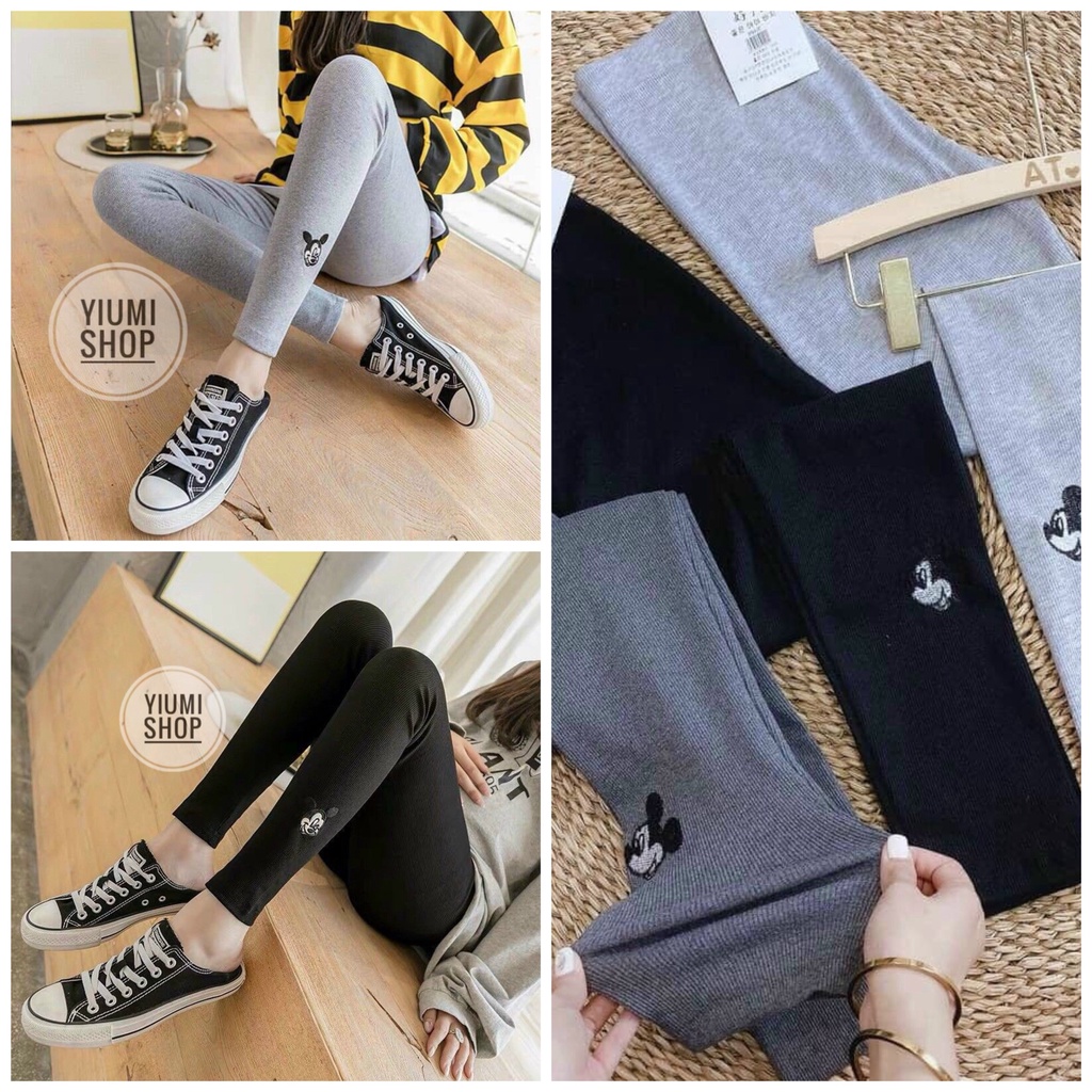 Quần Legging len tăm thêu chuột Mickey, Quần giữ nhiệt chất vải dày đẹp