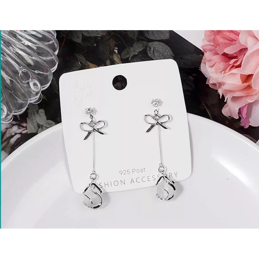 Bông tai nữ đính nơ và đá mắt mèo long lanh phong cách Hàn Quốc siêu dễ thương thích hợp đi chơi và dự tiệc