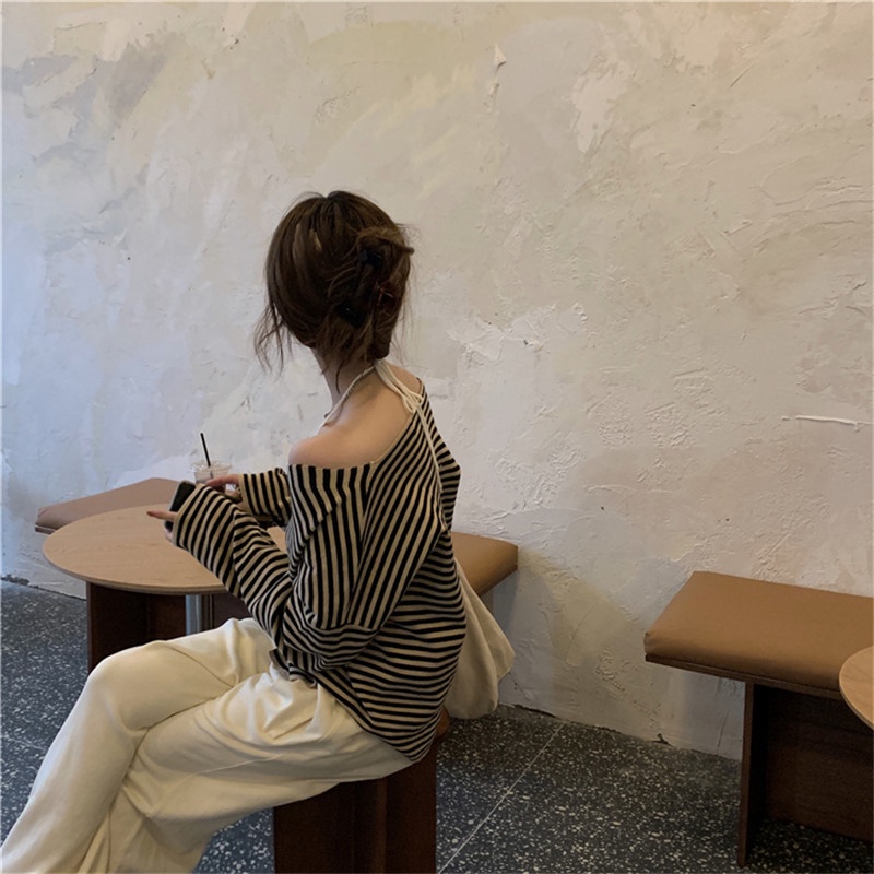 ZHELIHANGFEI Áo Cardigan Dệt Kim Tay Dài Cổ Chữ V Dáng Rộng Hoạ Tiết Kẻ Sọc Thời Trang