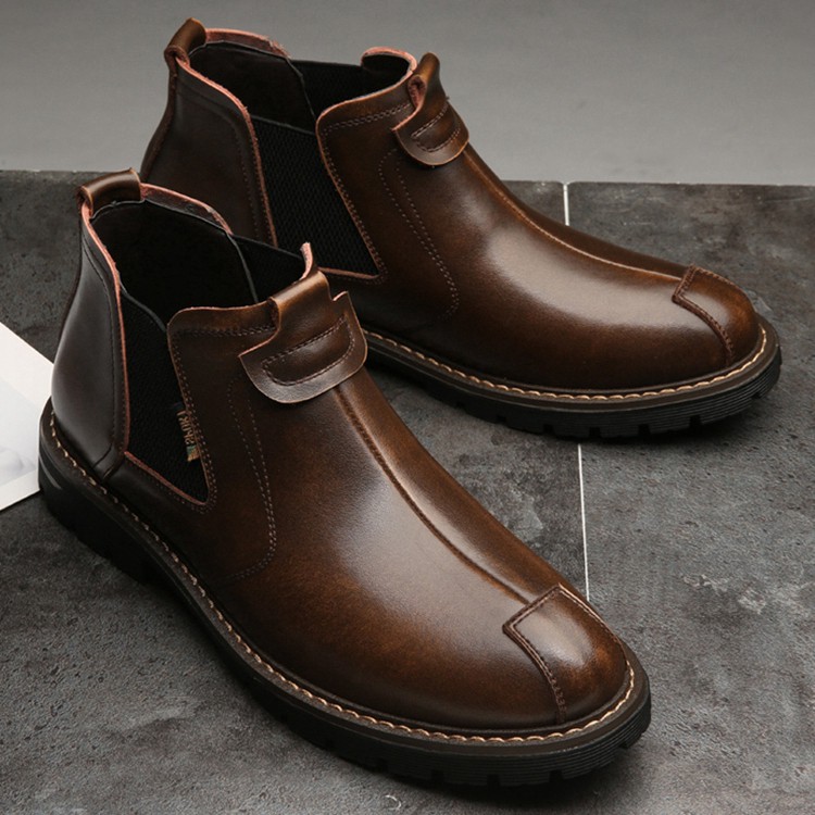 Giày da bò nam đế cao không dây, giày da bò thật cổ lửng dòng chelsea boot đế cao su đúc chống trơn tăng chiều cao