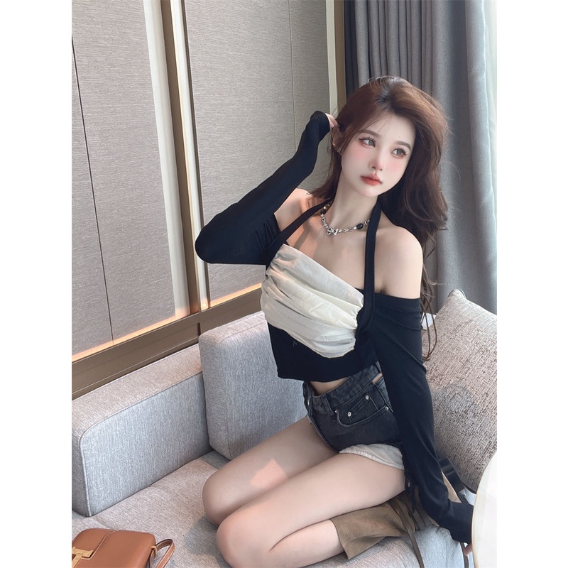 Jiashucheng Áo Thun Trễ Vai Phối Lưới Thiết Kế Độc Đáo