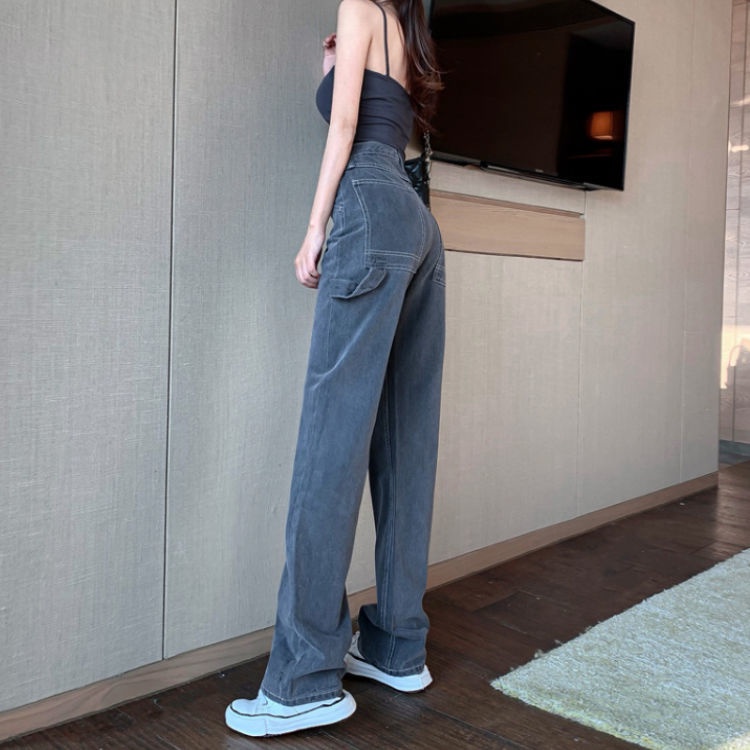 ☄℗☢Quần Jeans Dài Lưng Cao Ống Rộng Màu Xám Khói Phong Cách Âu Mỹ Mới Cho Nữ