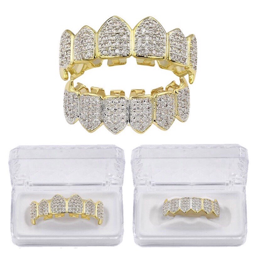Hai hàm trang sức răng grillz đính full đá có viền 18k hiphop