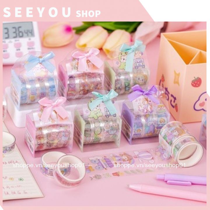 Hộp Nơ 4 cuộn washi trong suốt trang trí vở, thiệp cute hoạt hình
