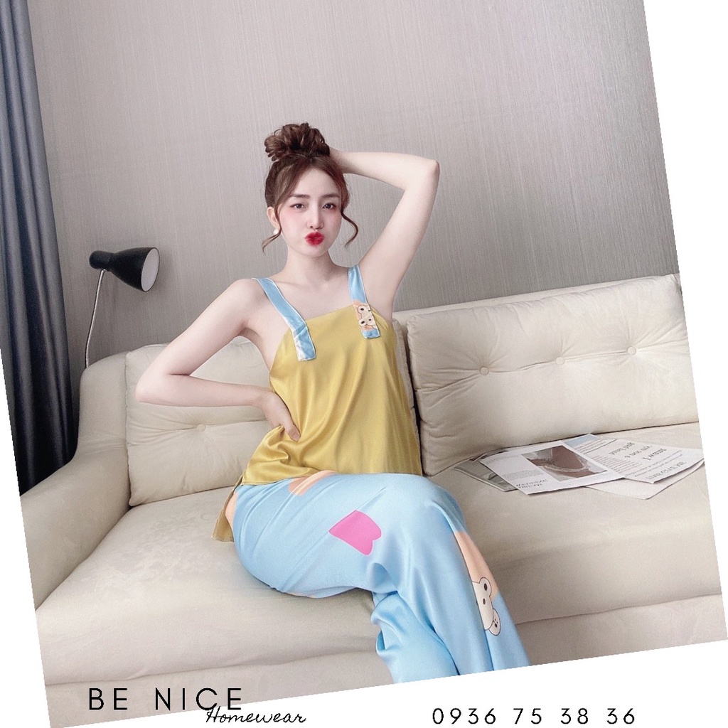 Set dây dài mặc nhà họa tiết phối màu xinh xắn lụa latin Be Nice Homewear