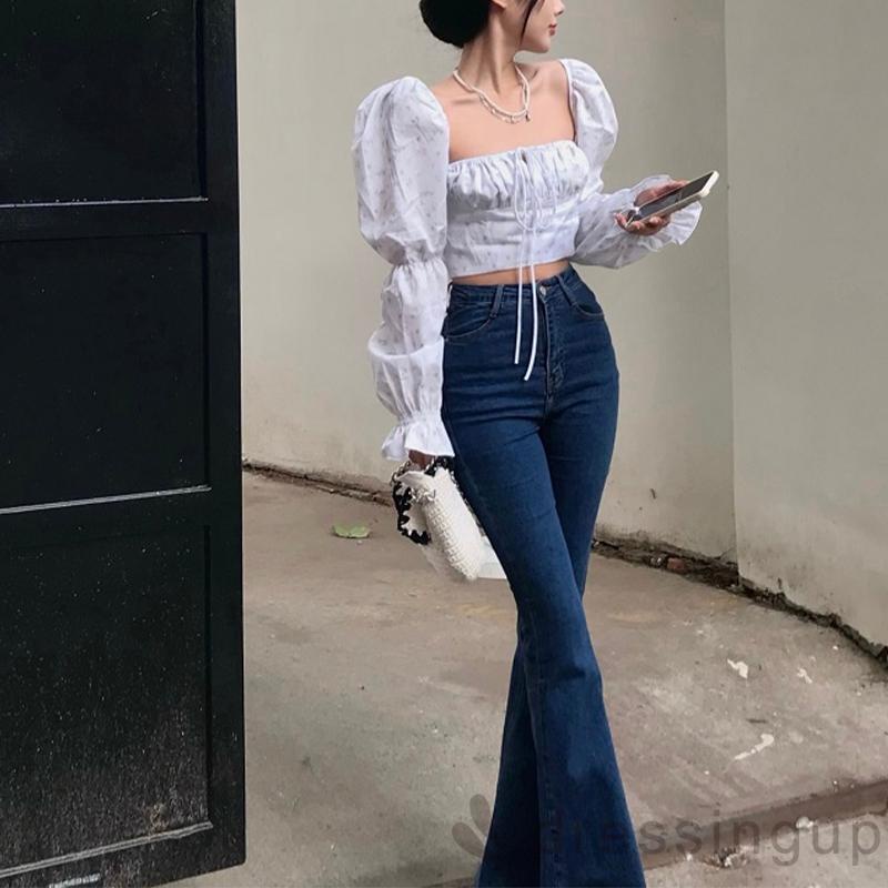 Áo croptop cổ vuông tay phồng cột dây trước in họa tiết hoa phong cách cổ điển thời trang cho nữ