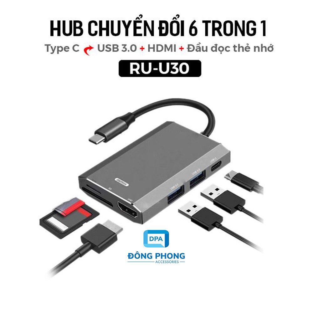 [Mã 44ELSALE2 giảm 7% đơn 300K] HUB Chuyển Type C Ra USB 3.0, HDMI, USB C, Thẻ Nhớ Chính Hãng Remax Tốc Độ Cao