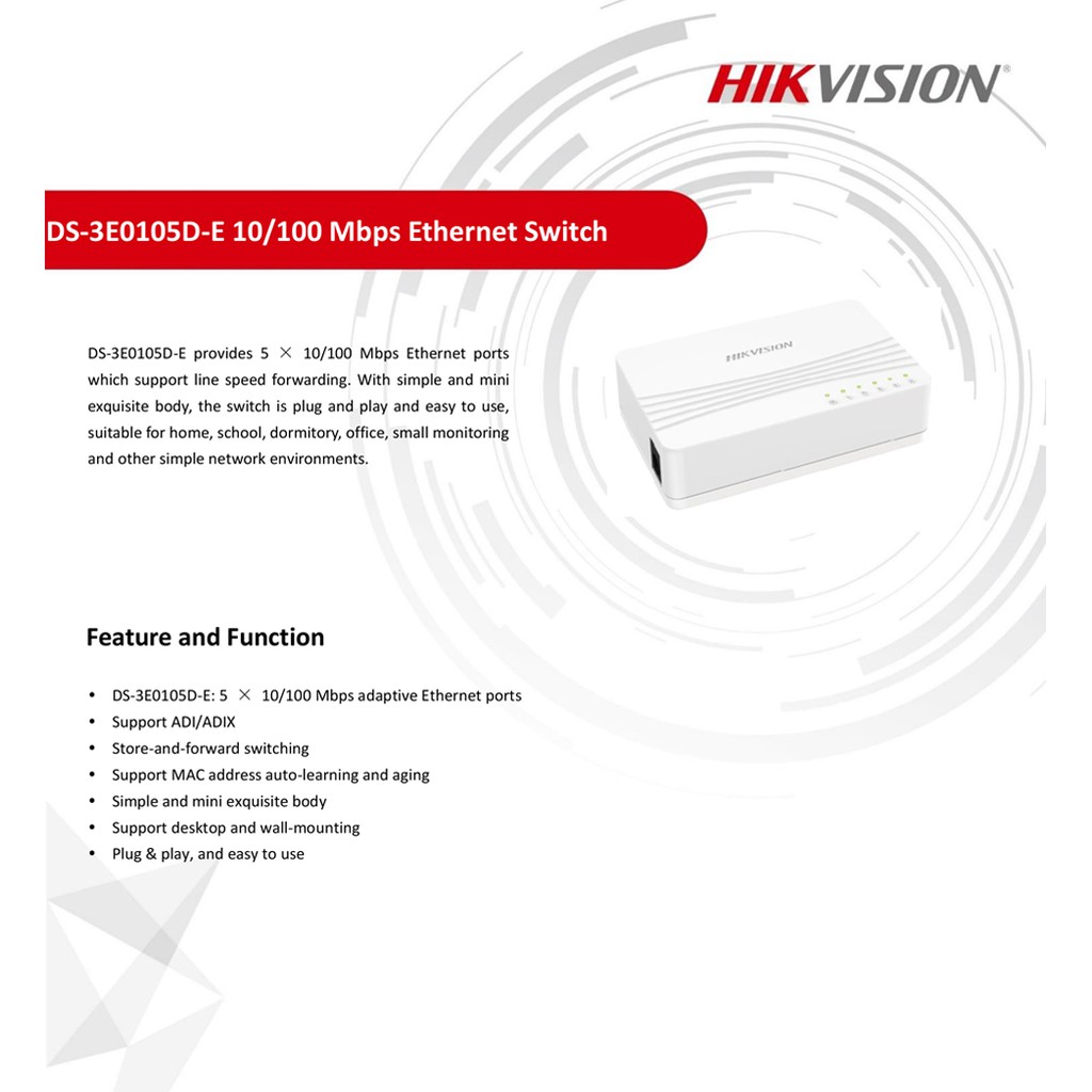 Bộ chia cổng mạng- Switch 5 cổng gigabit hikvision Ds-3E0105D-E