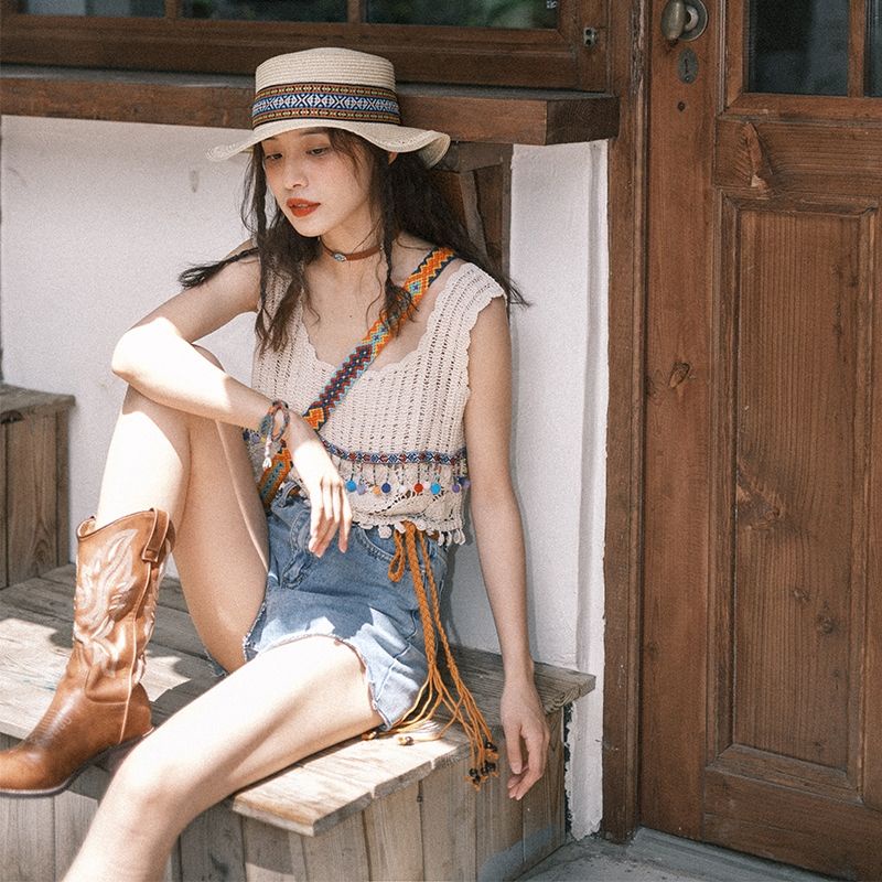 ÁO BOHO CHIC CROPTOP ĐAN DÂY SẮC MÀU PHỐI ÁO KHOÁC TAY VIỀN THỔ CẨM BOHEMIAN