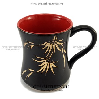 Cốc uống cà phê gốm sứ bát tràng men đen lòng gốm khắc tre