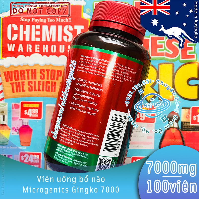 🚀7000mg - NGÀY 1V🚀  Viên uống bổ não - hoạt huyết dưỡng não Microgenics Ginkgo 7000 100 viên 🚀 Chemist Warehouse - Úc 🚀