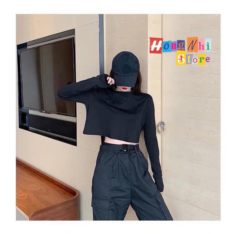 Áo Croptop Trơn Tay Dài Dáng Rộng Màu Đen Long Tee Ulzzang - MM