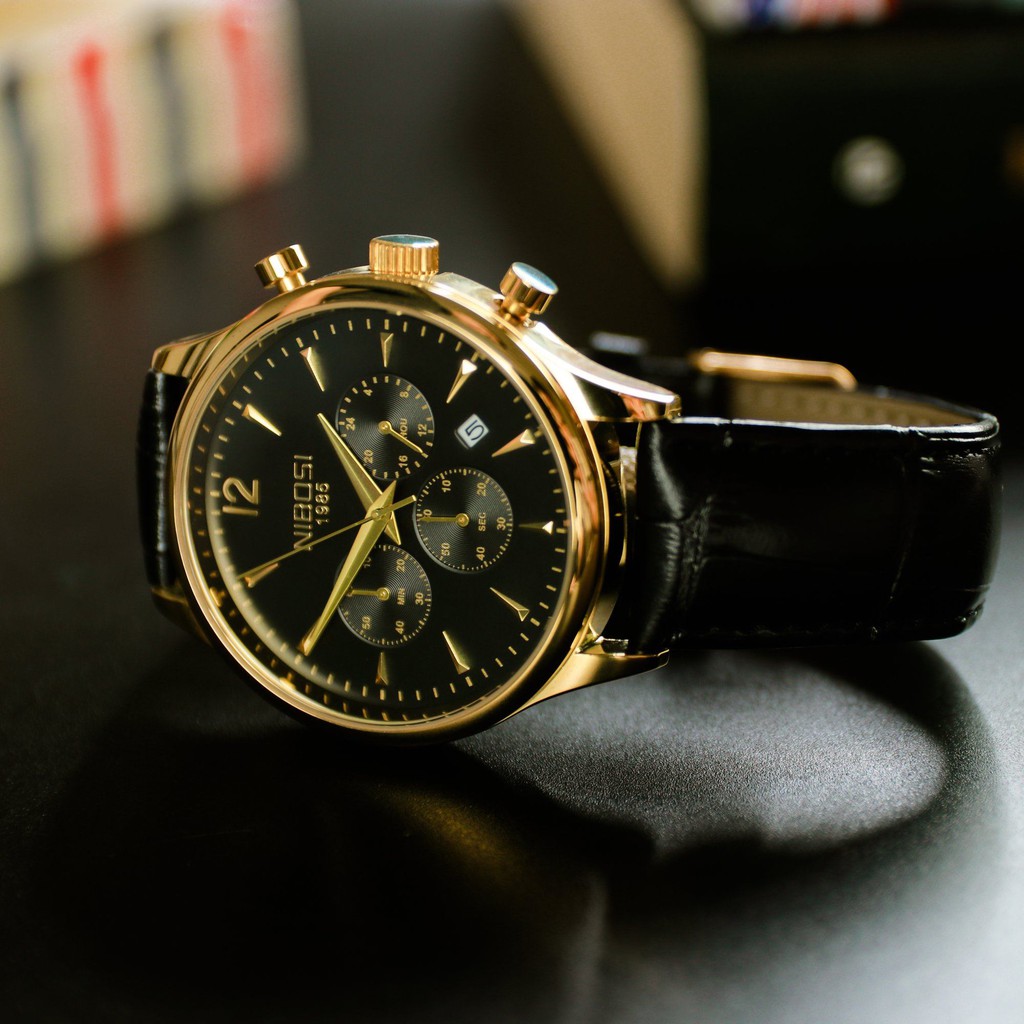 Đồng hồ nam NIBOSI chính hãng Fullbox, dây da Classic , 6 kim có lịch ngày - NIBI25